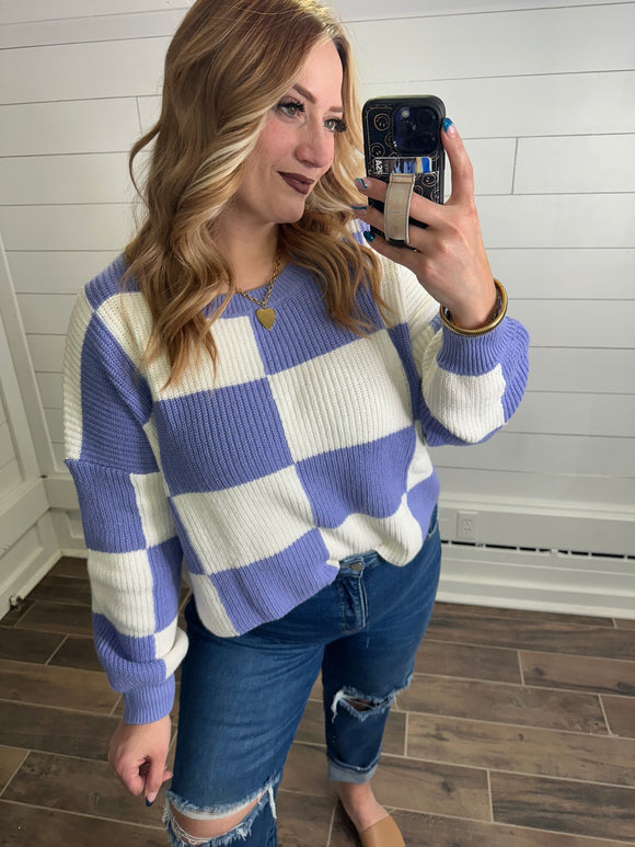 Checkered Sweater Top- Periwinkle