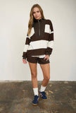 Half Zip Long Sleeve Stripe Knit Top- Brown
