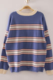 Contrast Stripe Ribbed Crew Neck Sweater- Denim