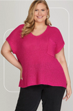 Short Sleeve Pocketed Sweater- Fuchsia