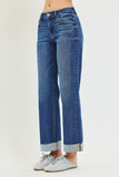 Risen- Mid rise Ankle Straight Cuff Hem Jeans-Stretchy