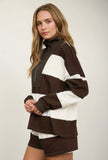 Half Zip Long Sleeve Stripe Knit Top- Brown