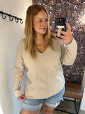 V-Neck Front Seam Knit Sweater, Oatmeal (2x,3x)