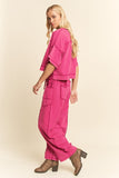Mineral Washed Exposed Barrel Pant Set- Magenta (S-3X)