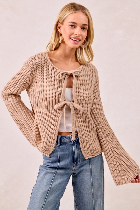 Sweater Top With Tie Front, Latte