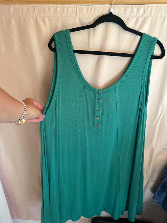 Button Front Scoop Neck Tank w/ Exposed Seams, Hunter Green (1x-3x)