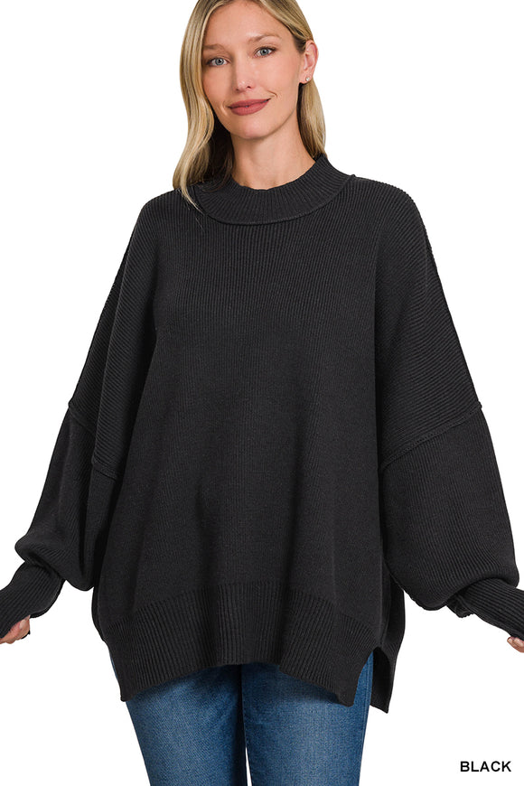 Side Slit Oversized Sweater, Black (S/M, L/XL)