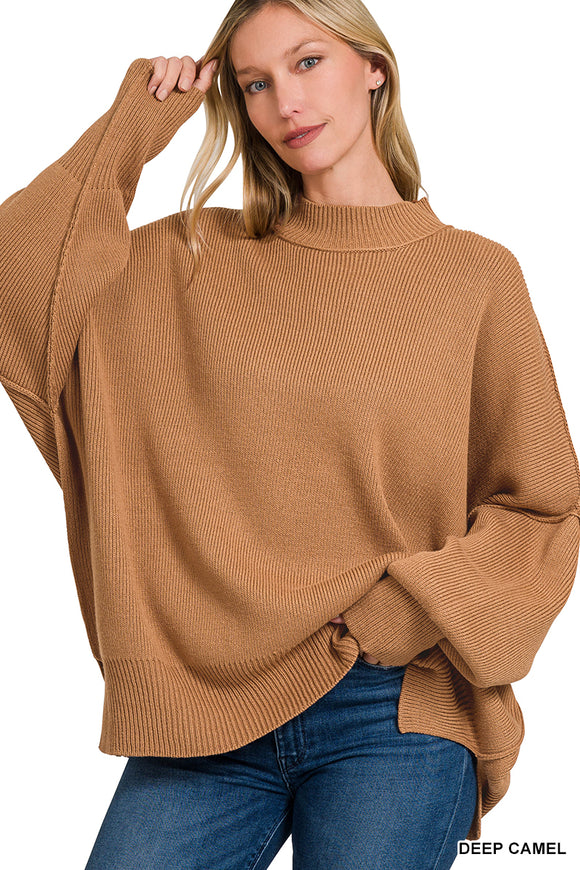 Side Slit Oversized Sweater, Deep Camel (S/M,L/XL)