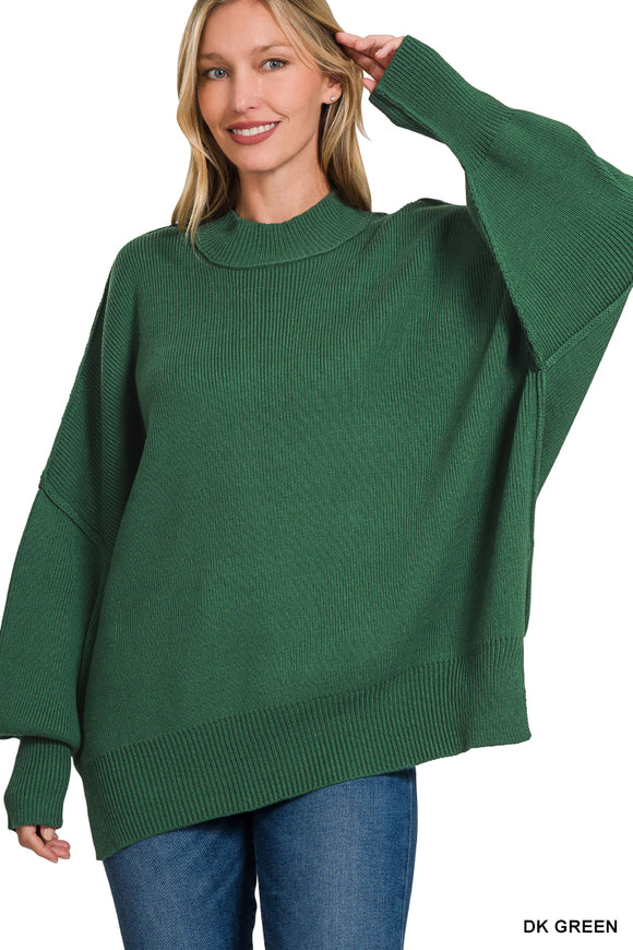 Side Slit Oversized Sweater, Dark Green (S/M, L/XL)