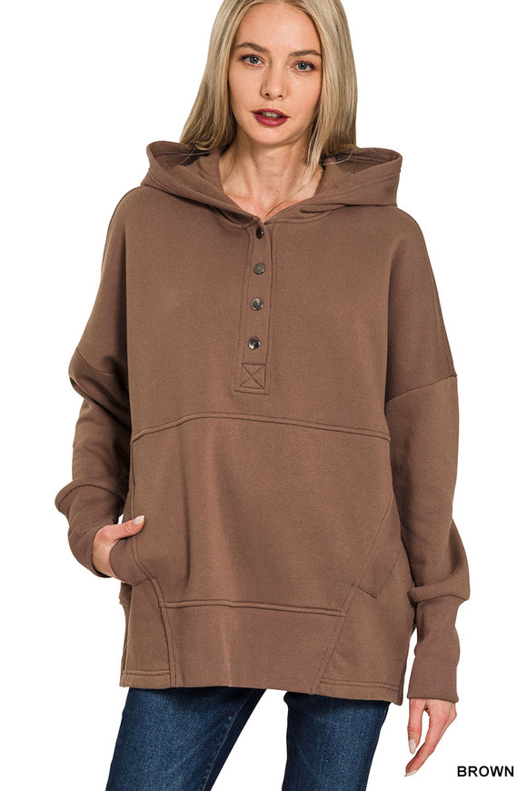 Fleece Half Snap Hoodie, Brown (S/M, L/XL)
