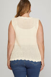 Scalloped Front Tie Sweater Vest, Cream (1X)