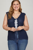 Scalloped Front Tie Sweater Vest, Navy (XL-2X)