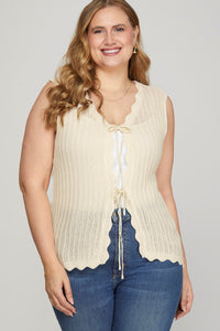 Scalloped Front Tie Sweater Vest, Cream (1X)