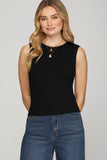 Ribbed Round Neck Tank Top, Black (S, M, XL)