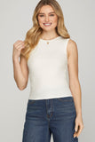 Ribbed Round Neck Tank Top, White ( M)