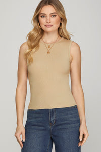 Ribbed Round Neck Tank Top, Light Taupe (L, 1x)