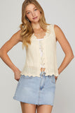 Scalloped Front Tie Sweater Vest, Cream (1X)