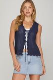 Scalloped Front Tie Sweater Vest, Navy (XL-2X)