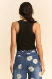 Ribbed Lace Trim Detail Tank, Black (S-3X)