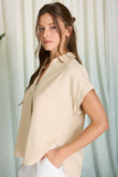 Collared Split Neck Linen Top, Light Khaki (S-L)