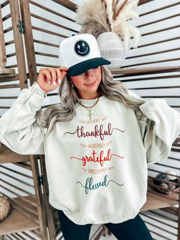Thankful, Grateful, Blessed Sand Graphic Crewneck (S-XL)