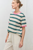 STRIPED TEE WITH CONTRAST RIB BAND (S-L)