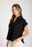 Collared Split Neck Linen Top, Black (S-3x)