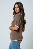 Contrast Trim Puff Sleeve Sweater, Mocha