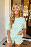 Polka Dot Print Top Drawstring Shorts Set, Green (S-XL)
