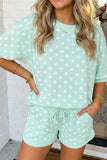 Polka Dot Print Top Drawstring Shorts Set, Green (S-XL)