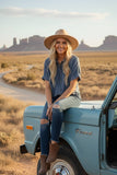 Frayed Trim Denim Button Top (S-L)