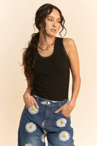 Ribbed Lace Trim Detail Tank, Black (S-3X)