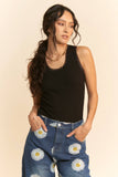 Ribbed Lace Trim Detail Tank, Black (S-3X)