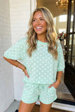Polka Dot Print Top Drawstring Shorts Set, Green (S-XL)