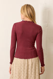 Ruffled High Neck Ribbed Top, Burgundy