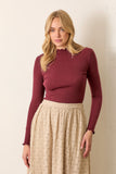 Ruffled High Neck Ribbed Top, Burgundy