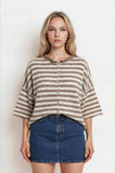 Stripe Raw Edge Short Sleeve Button Down Cardigan