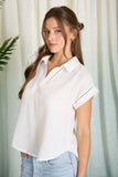 Collared V-Neck Short Sleeve Lace Detail Top (S-L)