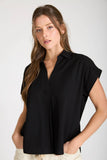 Collared Split Neck Linen Top, Black (S-3x)