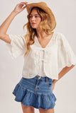 Embroidered Ribbon Tie Cotton Top (S-L)