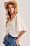 Embroidered Ribbon Tie Cotton Top (S-L)