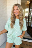Polka Dot Print Top Drawstring Shorts Set, Green (S-XL)