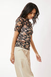 Floral Print Mesh Layering Short Sleeve, Black (S-3X)