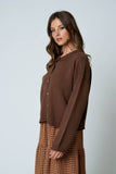 Raw Edge Exposed Seam Button Down Cardigan, Brown (S-L)