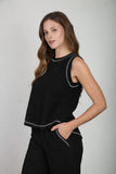 Back Button Detail Ribbed Tank, Black (S-L)