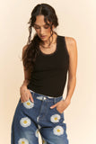 Ribbed Lace Trim Detail Tank, Black (S-3X)