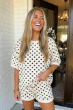Polka Dot Print Top Drawstring Shorts Set, Beige (S-XL)