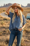 Frayed Trim Denim Button Top (S-L)