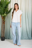 Collared V-Neck Short Sleeve Lace Detail Top (S-L)