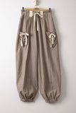 Bow Detail Stripe Textured Woven Pants, Taupe/White